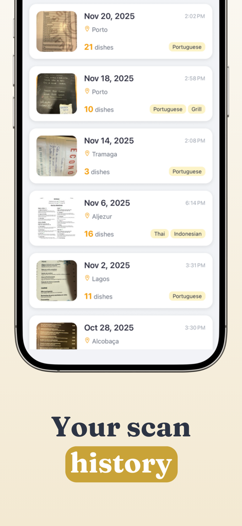 Menu Translator App - Pantalla de la aplicación móvil que muestra un historial cronológico de menús de restaurantes escaneados con ubicaciones e idiomas