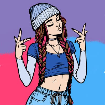 realistic teenage girl with braids and a beanie and crop top doing 🫶🏼