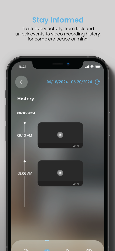 Smartphone screen showing the Lockly Home app history timeline with activity logs and video recording previews