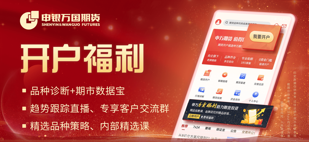 申银万国期货开户-期货钢铁煤炭价格资讯实时行情查询平台 - Shenyin Wanguo Futures app showing account opening benefits and trading tools