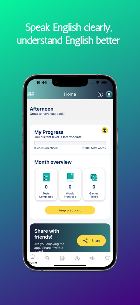 Say It: English Pronunciation - Dashboard principale dell'app Say It English Pronunciation che mostra i progressi dell'utente e le statistiche di apprendimento mensili