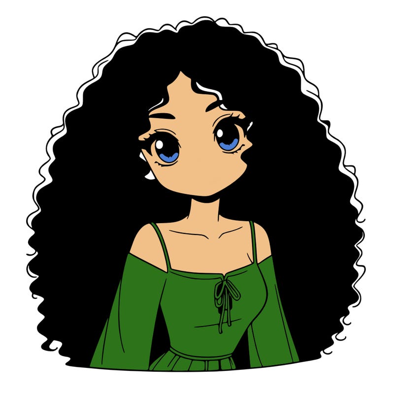 a black anime girl with long afro hair