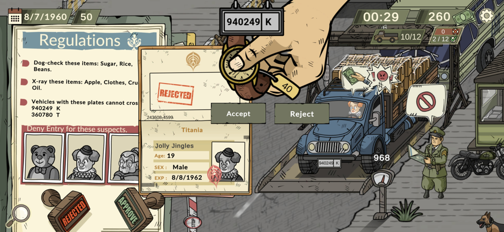 Gameplay scene of Black Border 2 showing a border officer inspecting documents and a truck at a checkpoint