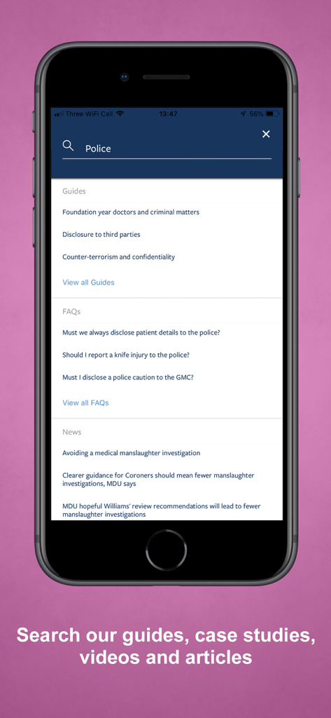 MDU - Captura de tela da interface de pesquisa do aplicativo MDU mostrando resultados para guias médico-legais relacionados à polícia e FAQs em um smartphone.