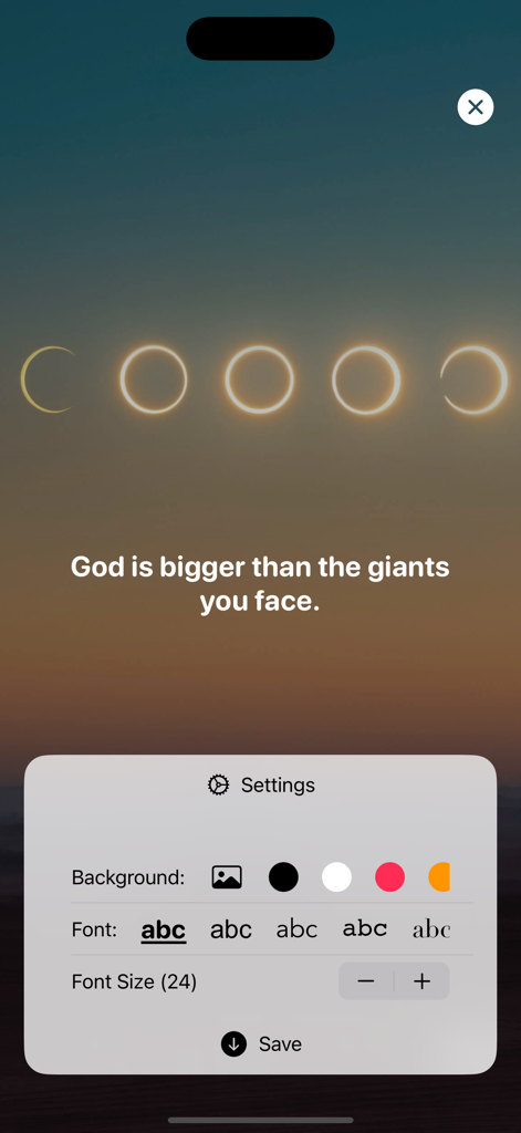 Daily Bible Verse & Motivation - A screen showing settings to customize the font and background of a motivational quote in the Daily Bible Verse app