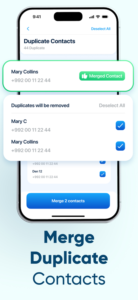 iPhone screenshot showing the duplicate contacts merge feature in the Storage Cleaner app