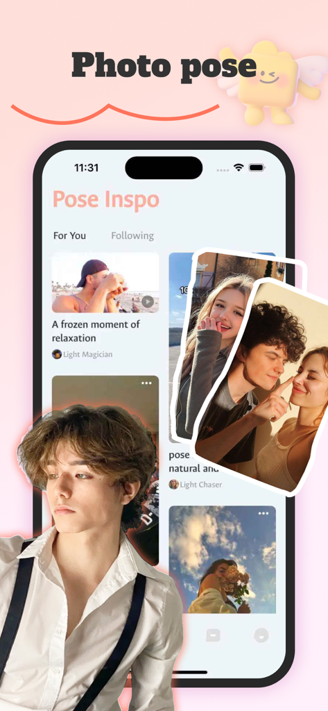 Camii - A screenshot of the Camii app interface showing photo pose inspiration and creative photography ideas for portraits