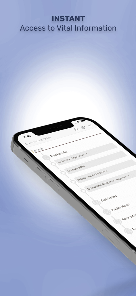 Handbook on Injectable Drugs - Handbook on Injectable Drugs app showing bookmarks and notes section on a smartphone