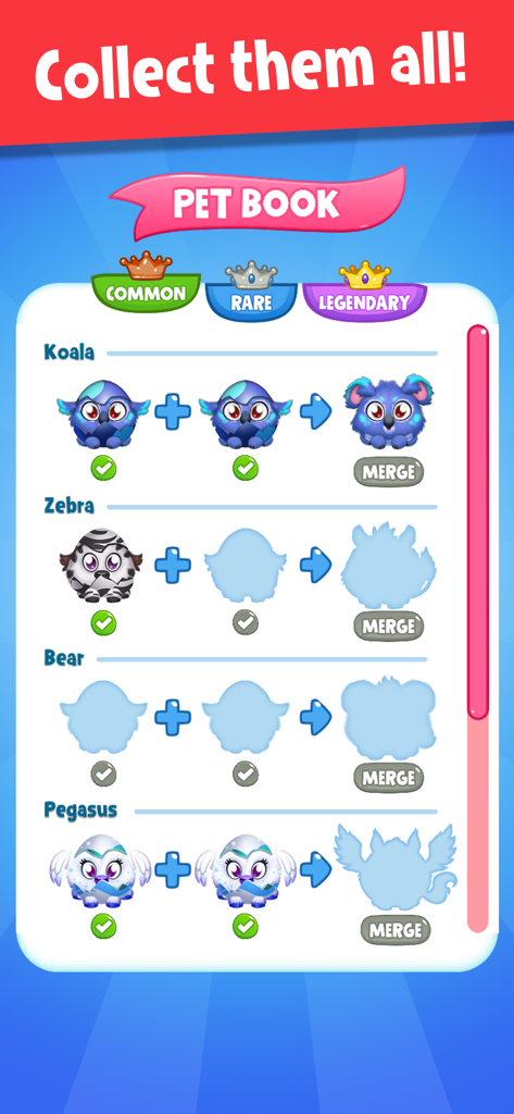 Town Pets - Grow Animals - Pantalla del Libro de Mascotas mostrando la colección de animales comunes y la mecánica de fusión en Town Pets