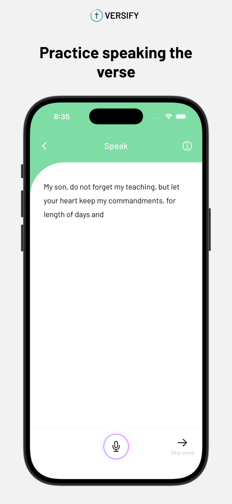 A mobile screen from the Versify app showing the speak feature to practice reciting a Bible verse for memorization
