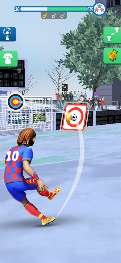 Soccer Kickoff! Football Game - Un futbolista con camiseta a cuadros azul y roja patea un balón hacia una diana en un estadio.