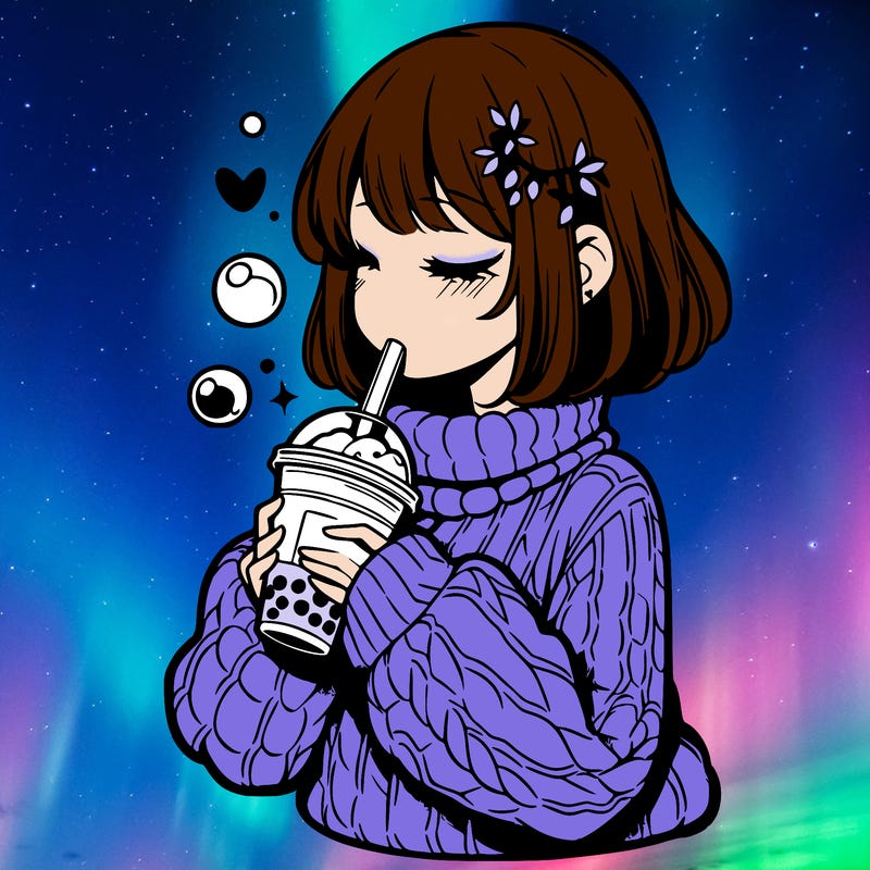 manga girl drinking boba in cozy sweater