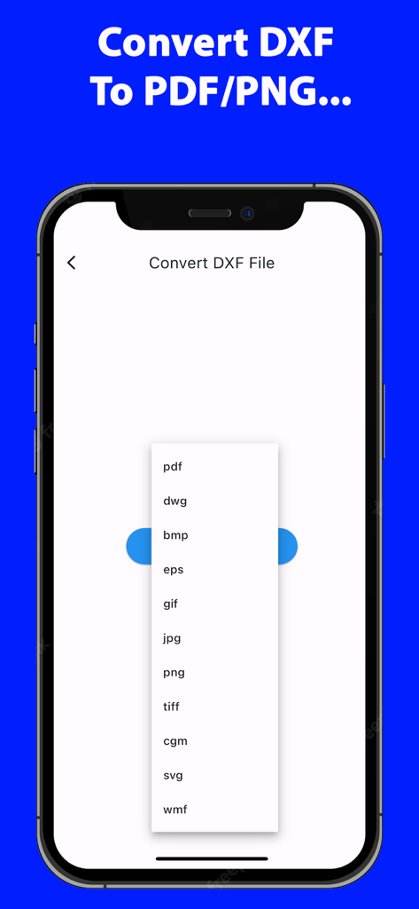 DXF File Reader Viewer PDF - Interfaz de la aplicación Lector Visor DXF mostrando un menú desplegable con varios formatos de conversión como PDF, DWG, PNG y SVG