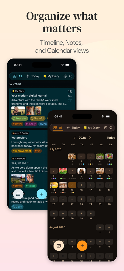 Diarly: Diary, Private Journal - Diarly app interface displaying journal timeline and calendar views with mood tracking and photo entries