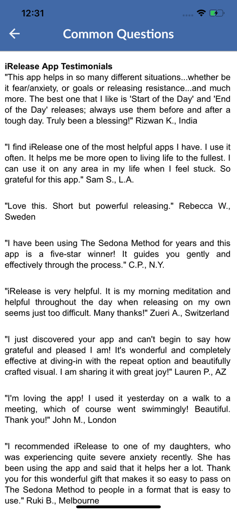 iRelease Relieve Stress Now - A list of positive user testimonials for the iRelease stress relief app highlighting its benefits for emotional wellness.