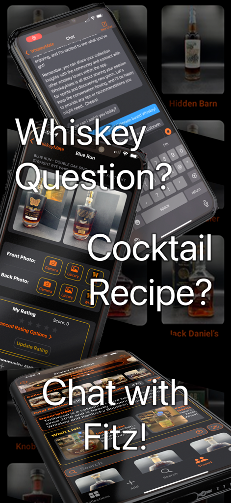 WhiskeyMate mobile app interface showing chat with AI assistant Fitz for whiskey questions and recipes