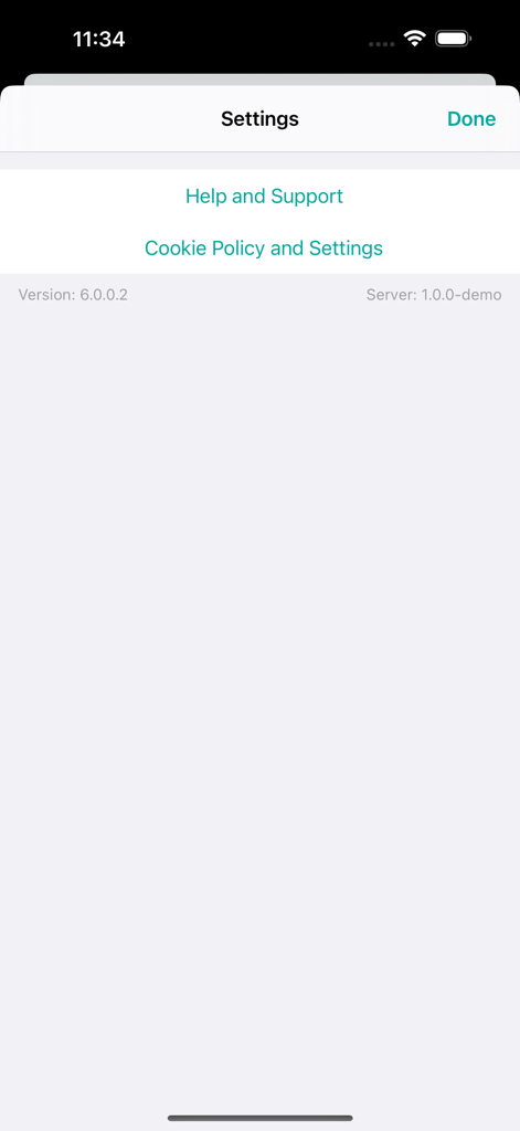 The settings interface of the Namirial OTP app displaying help support and cookie policy links