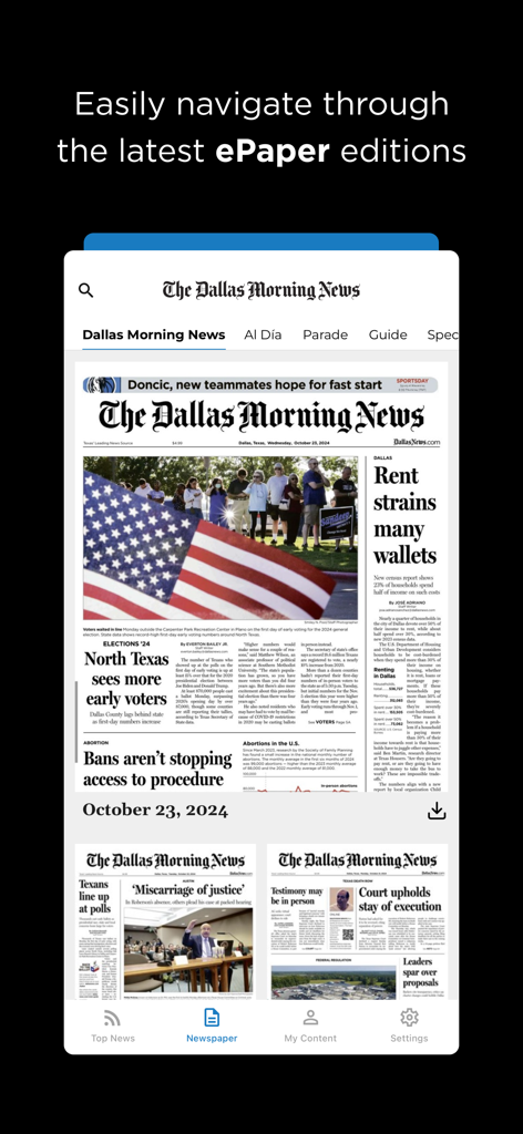 Interface of The Dallas Morning News app showing digital ePaper editions