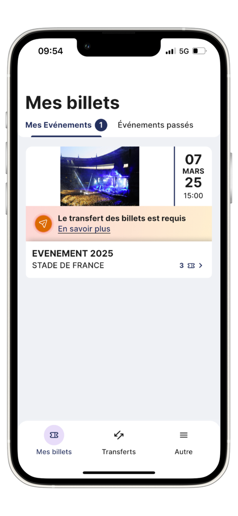 STADEFRANCE Tickets - Aplicación STADEFRANCE Tickets mostrando entradas digitales y la opción de transferencia para un próximo evento en París