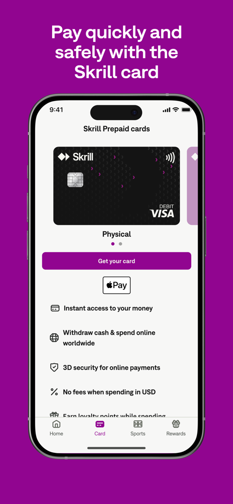 Skrill - Pay & Transfer Money - Capture d'écran de l'application mobile Skrill montrant la carte de débit prépayée Visa physique et une liste des caractéristiques de la carte, notamment l'absence de frais pour les dépenses en USD.