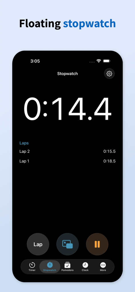 Floating stopwatch interface of the Pop Out Timer app showing lap times