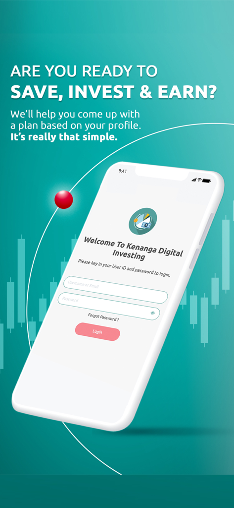 Kenanga Digital Investing - Kenanga Digital Investing mobile app login page with a promotional banner for saving and investing.