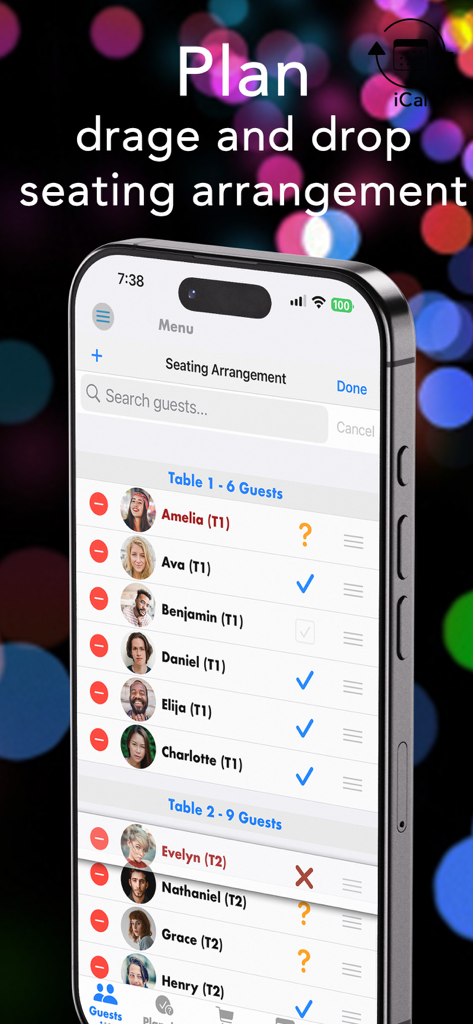 Pro Party Planner - Seating arrangement and guest list management screen on the Pro Party Planner app