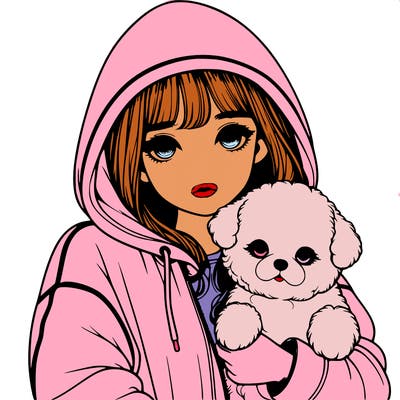 realistic girl with a hood up, holding cute fluffy dog