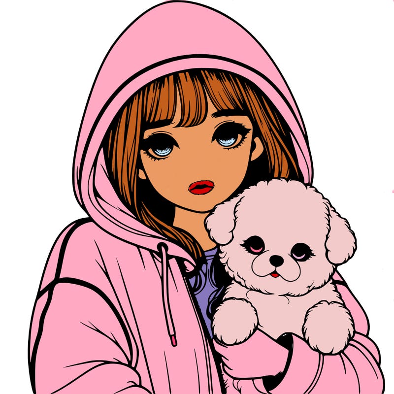 realistic girl with a hood up, holding cute fluffy dog
