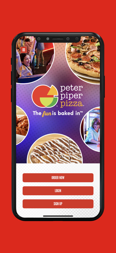 Peter Piper Pizza Rewards - Peter Piper Pizza Rewards app home screen showing food and kids playing games