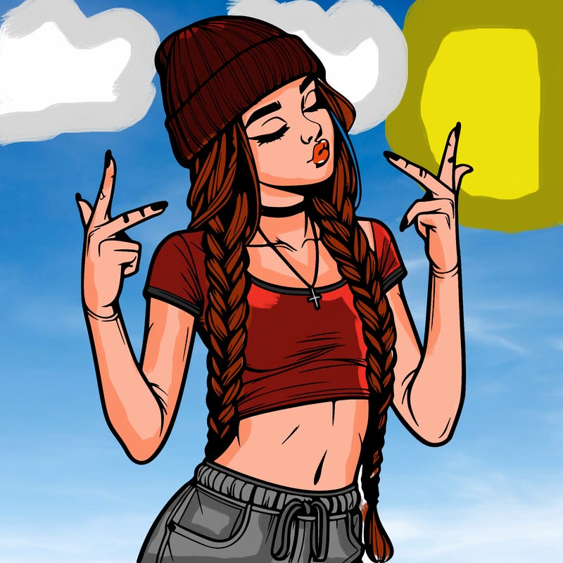realistic teenage girl with braids and a beanie and crop top doing 🫶🏼