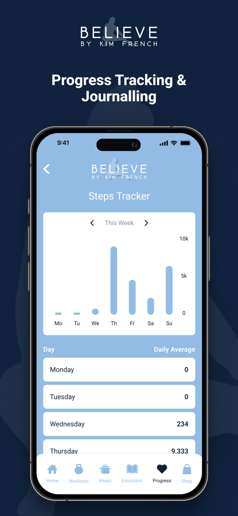 Interfaz de seguimiento de pasos en la aplicación Believe by Kim French que muestra un gráfico de barras de progreso semanal.