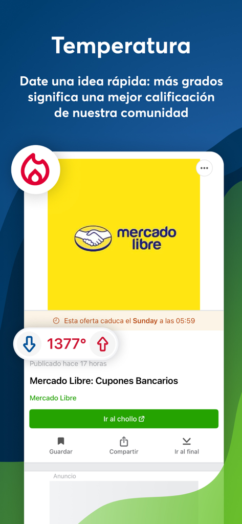 Una captura de pantalla de la app PromoDescuentos mostrando la función de calificación de temperatura comunitaria para una oferta de Mercado Libre