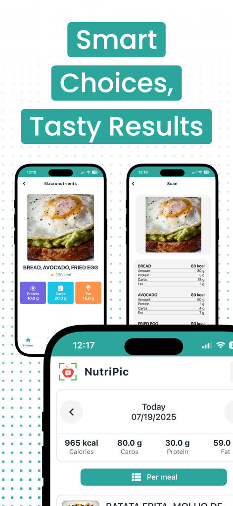 NutriPic: AI Calorie Counter - Schermate dell'app NutriPic che mostrano i risultati della scansione AI del cibo per il toast con avocado e un riepilogo calorico giornaliero.