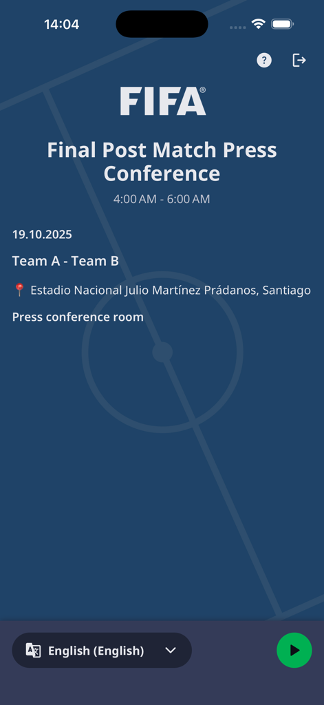 FIFA Interpreting - FIFA Interpreting app screen displaying press conference details with an English language selection