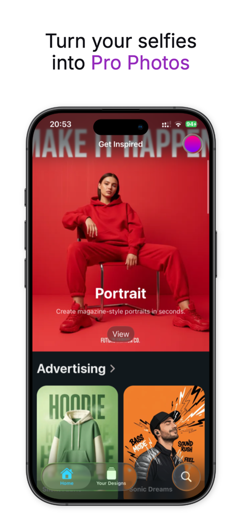 Bose - AI Photo Generator - Bose AI Photo Generator app interface showing professional portrait and advertising style categories