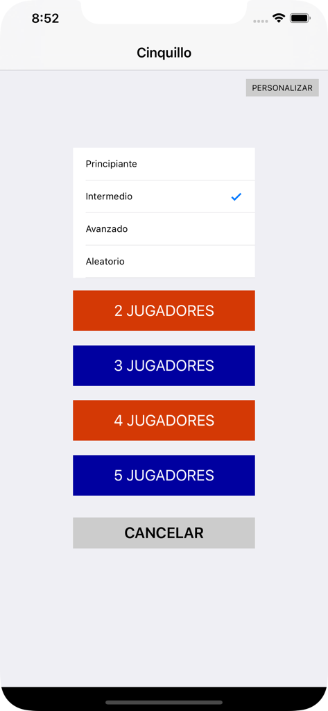 iCinquillo - Game setup screen for iCinquillo featuring difficulty selection and player count buttons