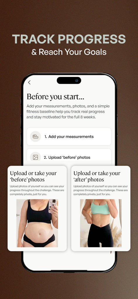 Transform by Fitaz - Transform by Fitaz app screen showing progress tracking with before and after photos and body measurements