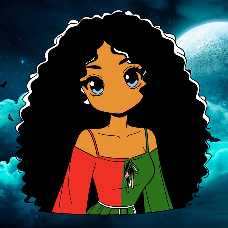 a black anime girl with long afro hair