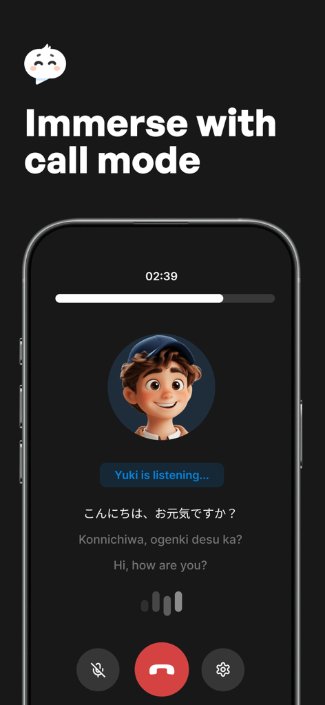 Langotalk app interface showing the immersive AI call mode with a Japanese language conversation partner named Yuki.