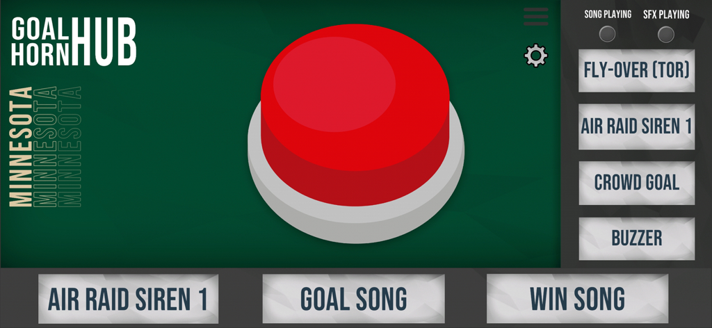Goal Horn Hub - Goal Horn Hub app interface with a large red button and sound options for Minnesota hockey