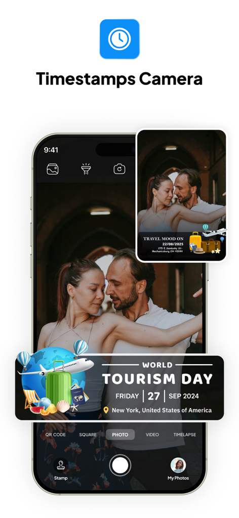 Tagofy app interface with a photo featuring a GPS geotag stamp for World Tourism Day in New York