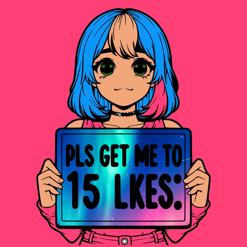 realistic girl holding up a sign that says “pls get me to 15 likes!”