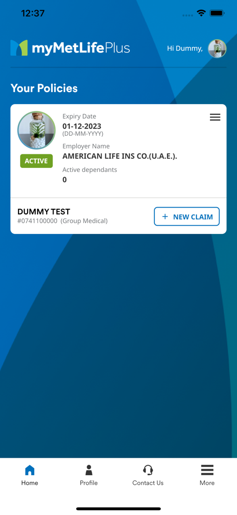myMetLife Plus - Dashboard view of the myMetLife Plus app showing active insurance policy details and a new claim button.