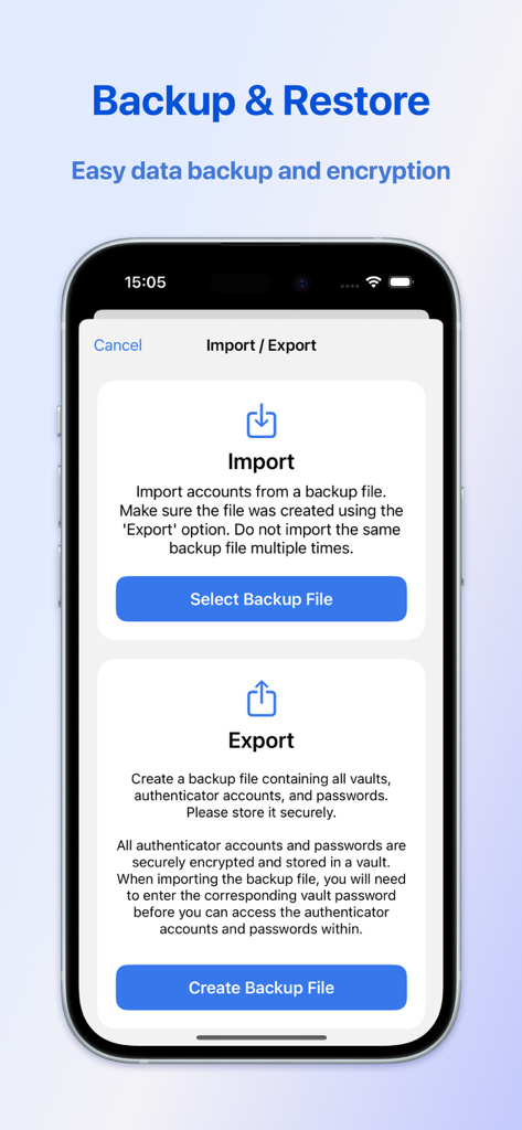Authenticator App - Authy, 2FA - Backup and restore screen of the Authenticator App showing import and export functions