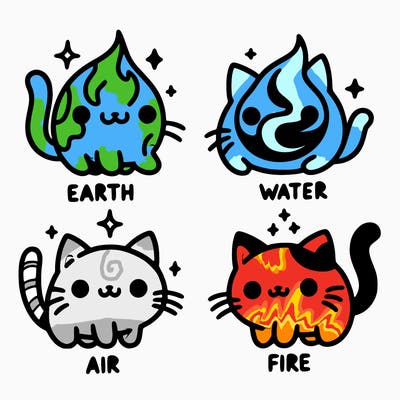 4 cats that represent the different elements, earth, water, air, and fire