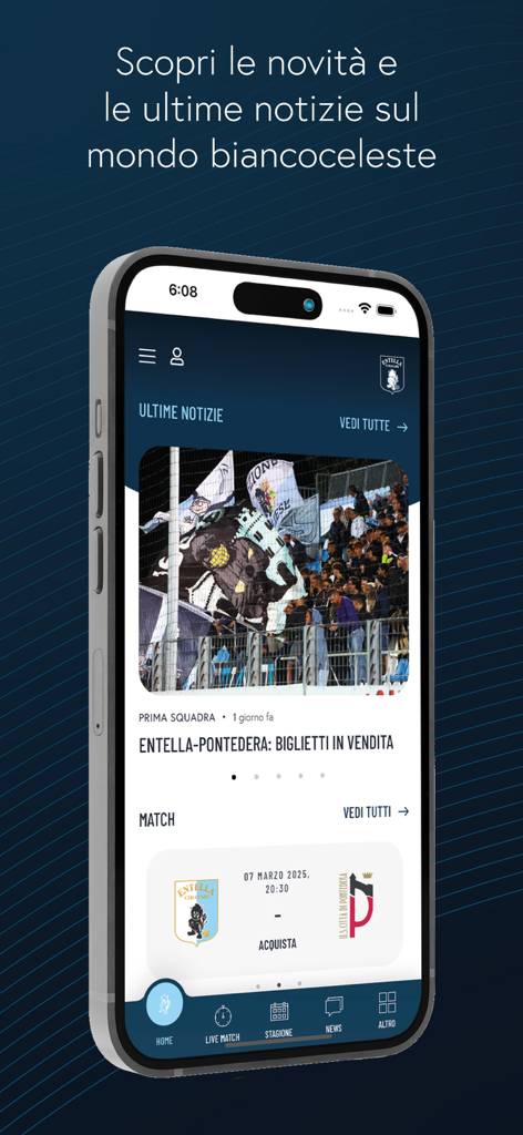 Startbildschirm der offiziellen Virtus Entella App mit Nachrichten und Spielplan