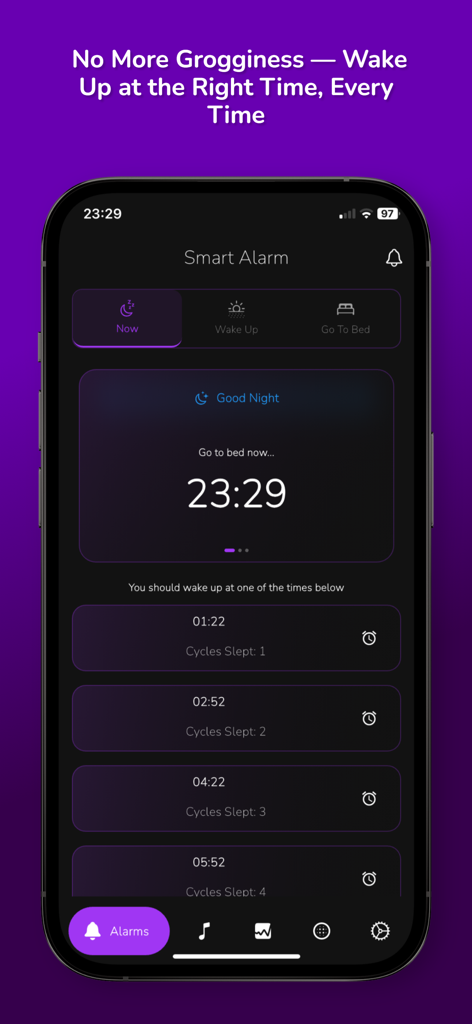 Sleep Sounds • Alarm & Tracker - Pantalla de alarma inteligente de Slumberspace mostrando los horarios de despertar basados en los ciclos de sueño