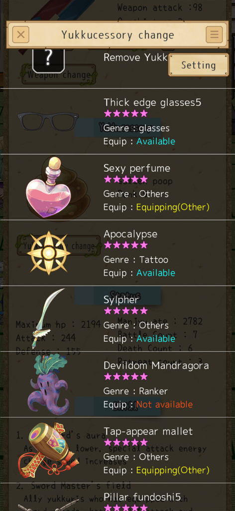 Yukkuri My Friends - A menu in the Yukkuri My Friends app showing various accessories and items with their star ratings and equipment status.