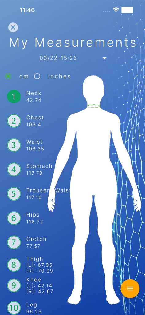 Abody.ai - Abody.ai mobile app interface displaying a list of detailed body measurements and a 3D silhouette.